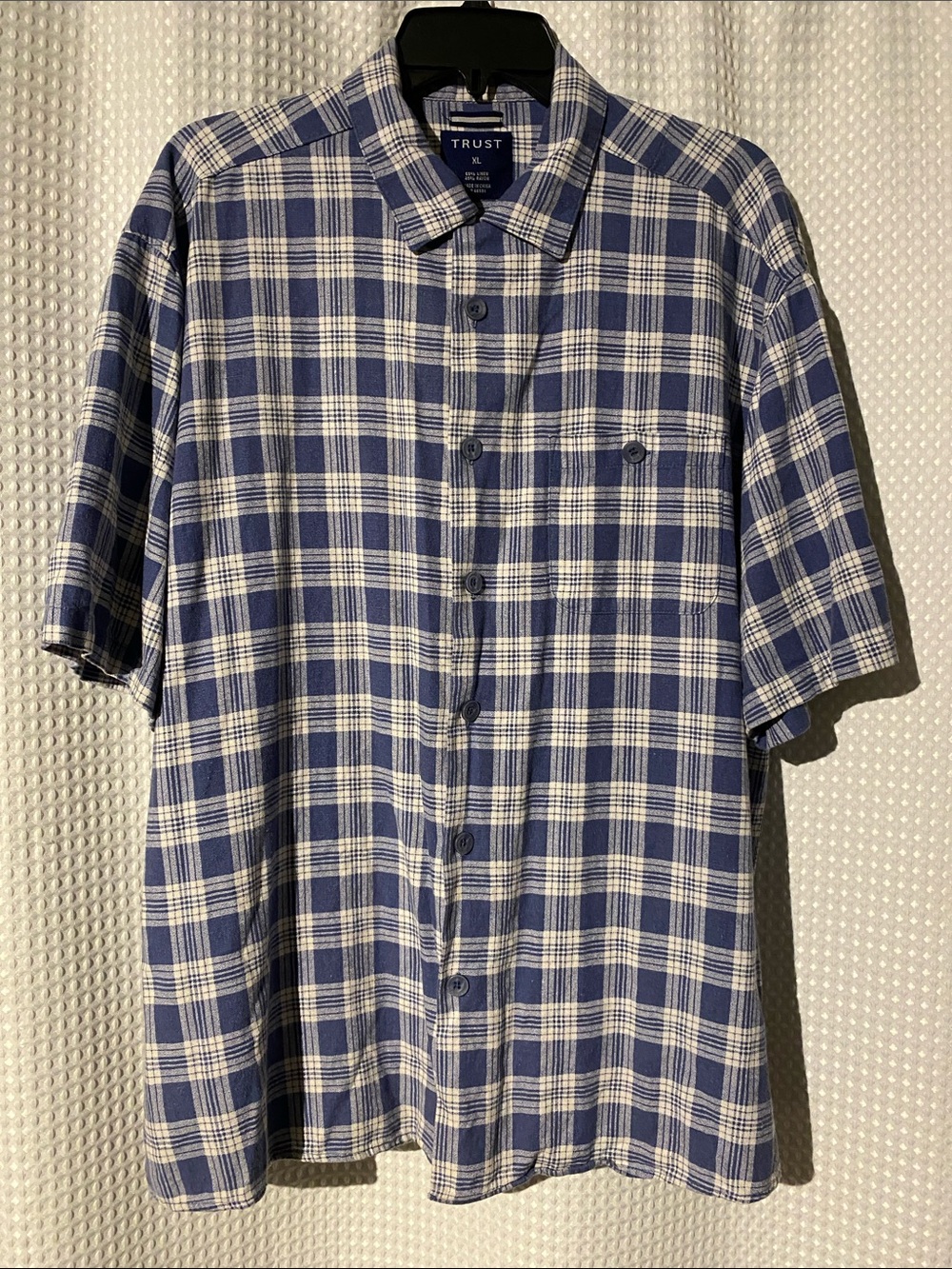 TRUST Men’s XL Linen Blend Button Down Shirt Blue Plaid Short Sleeve